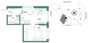 Планировка 2-комн. квартира, 34.84 м² ЖК «Сибирский сад»