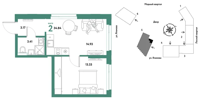 Планировка 2-комн. квартира, 34.84 м² ЖК «Сибирский сад» Планировка 2-комн. квартира, 34.84 м² ЖК «Сибирский сад»