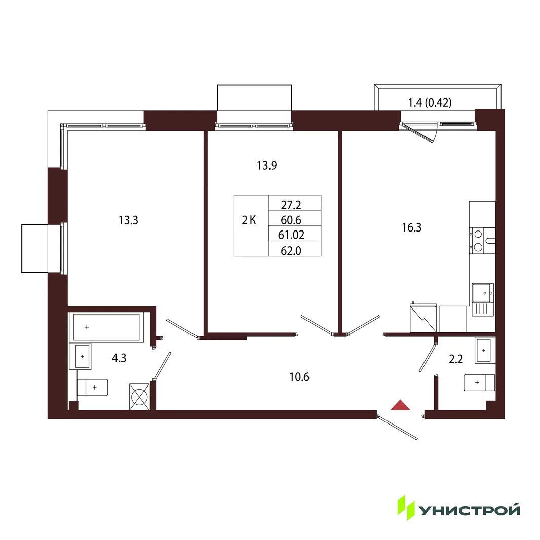 Планировка 2-комн. квартира, 61.02 м² ЖК «Лисино»