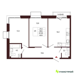 Планировка 2-комн. квартира, 61.02 м² ЖК «Лисино»