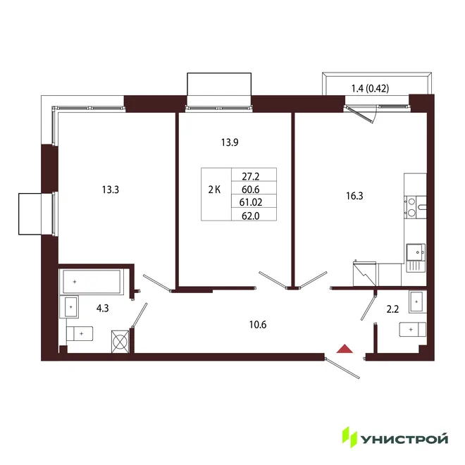 Планировка 2-комн. квартира, 61.02 м² ЖК «Лисино» Планировка 2-комн. квартира, 61.02 м² ЖК «Лисино»