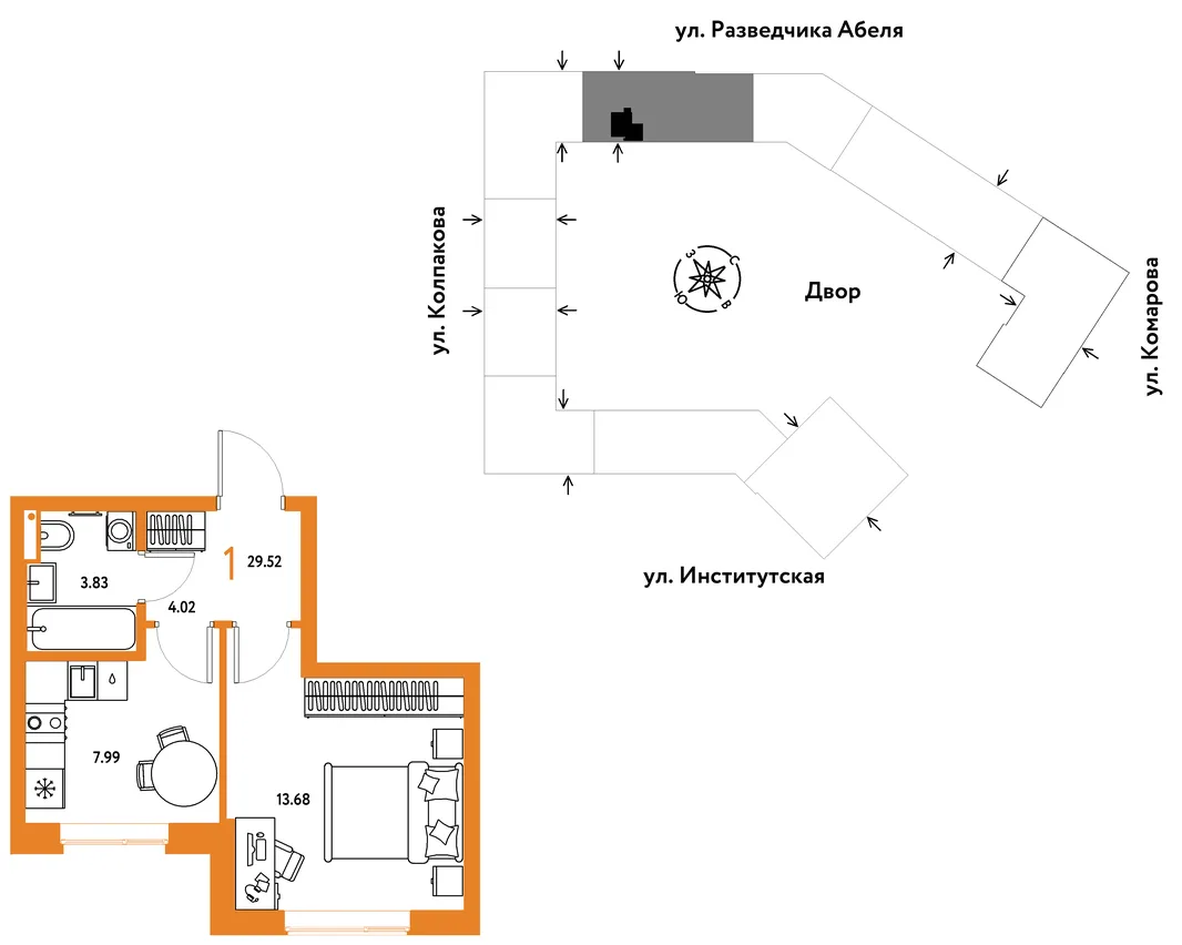 Планировка 1-комн. квартира, 29.52 м² ЖК «Страна.Парковая»