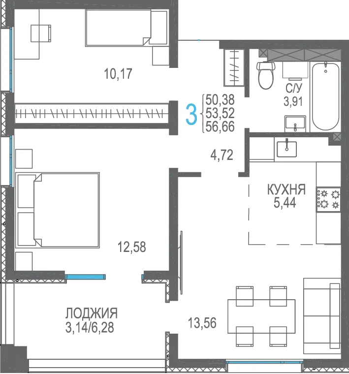 Планировка 3-комн. квартира, 56.66 м² ЖК «Розовое озеро»