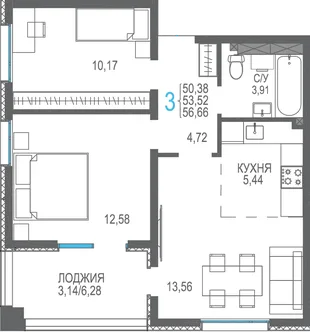 Планировка 3-комн. квартира, 56.66 м² ЖК «Розовое озеро»