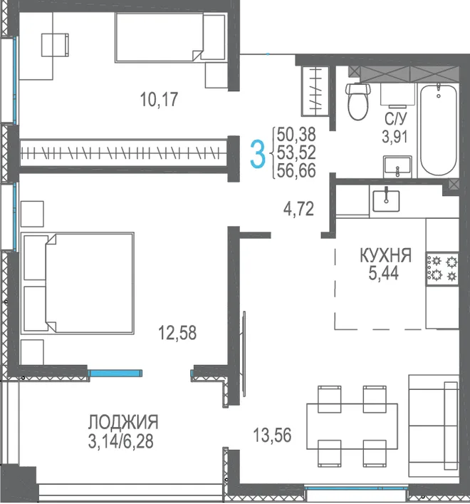 Планировка 3-комн. квартира, 56.66 м² ЖК «Розовое озеро» Планировка 3-комн. квартира, 56.66 м² ЖК «Розовое озеро»