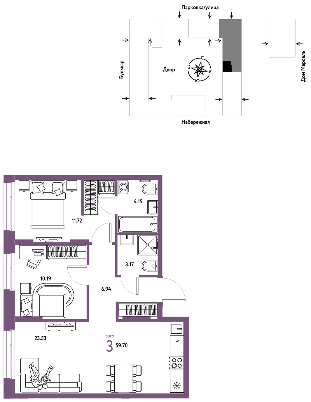 Планировка 3-комн. квартира, 59.7 м² ЖК «Европейский берег 2.0»
