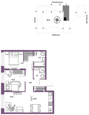 Планировка 3-комн. квартира, 59.7 м² ЖК «Европейский берег 2.0»