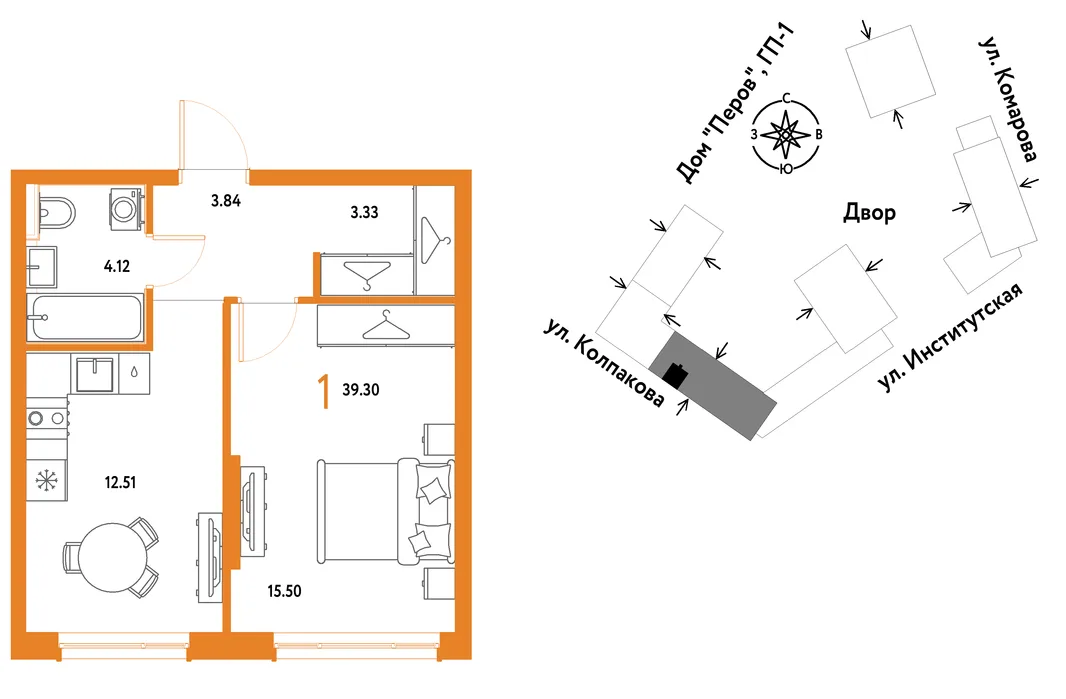 Планировка 1-комн. квартира, 39.3 м² ЖК «Страна.Парковая»