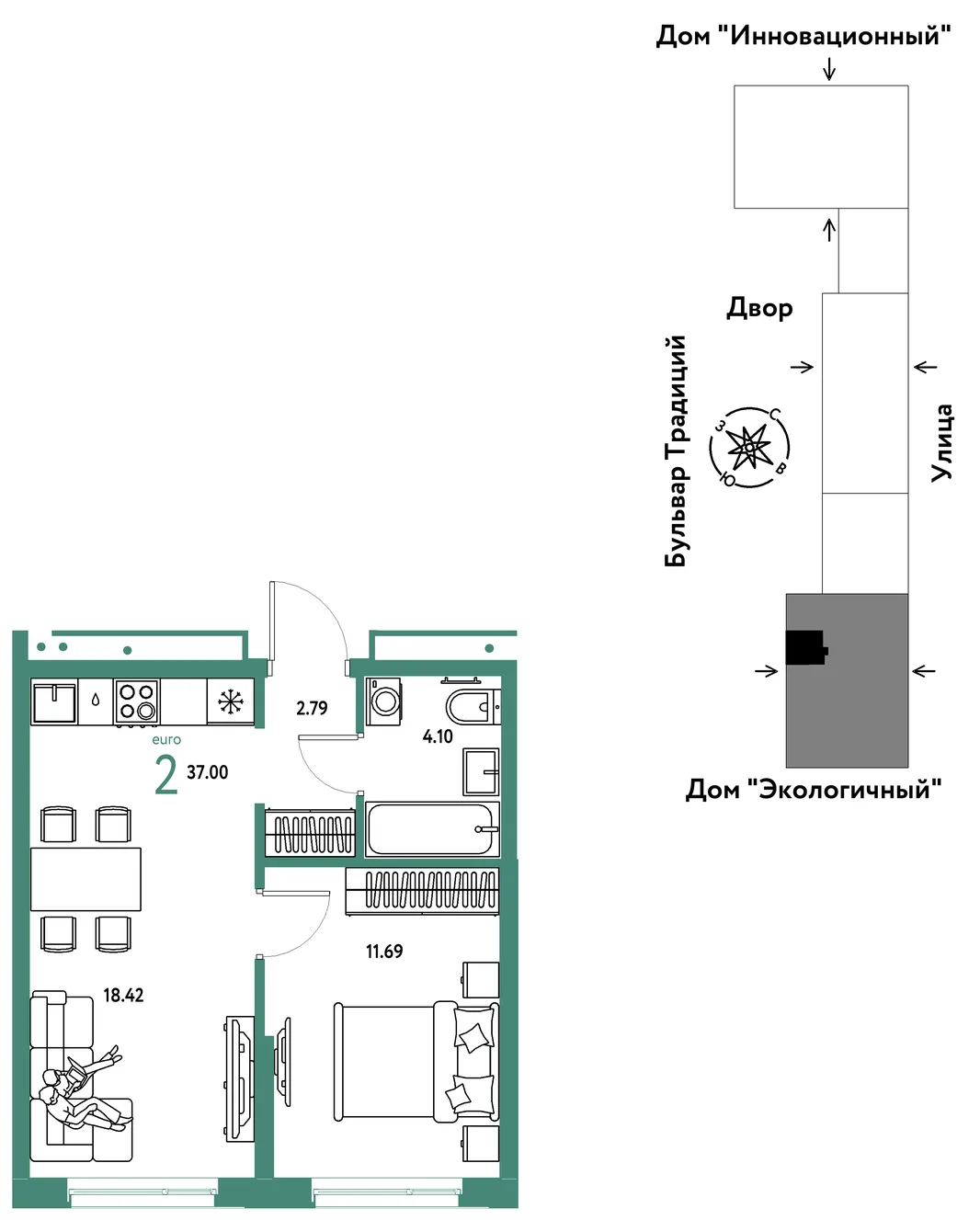 Планировка 2-комн. квартира, 37 м² ЖК «Микрорайон Домашний»