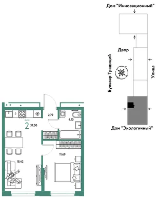 Планировка 2-комн. квартира, 37 м² ЖК «Микрорайон Домашний»