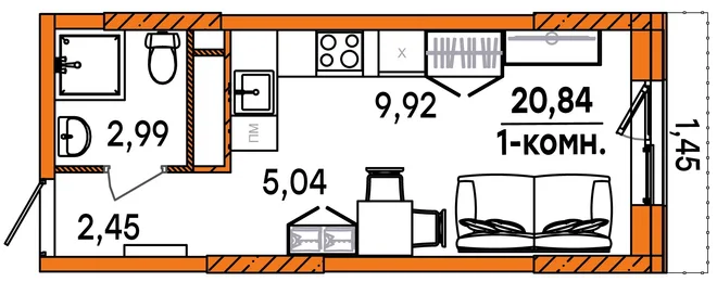 Планировка Студия, 20.84 м² ЖК «Юность»