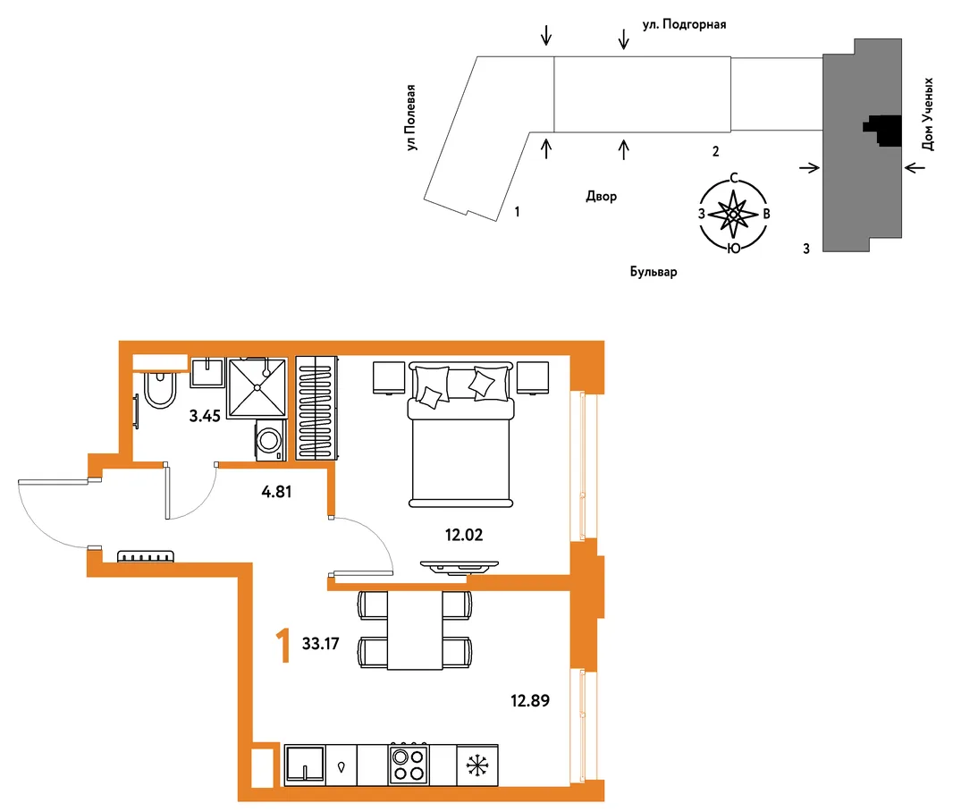 Планировка 1-комн. квартира, 33.25 м² ЖК «Авторский»
