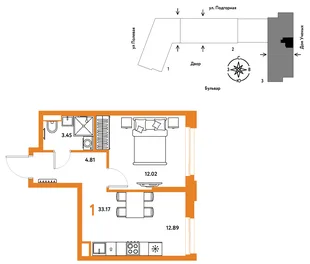 Планировка 1-комн. квартира, 33.25 м² ЖК «Авторский»