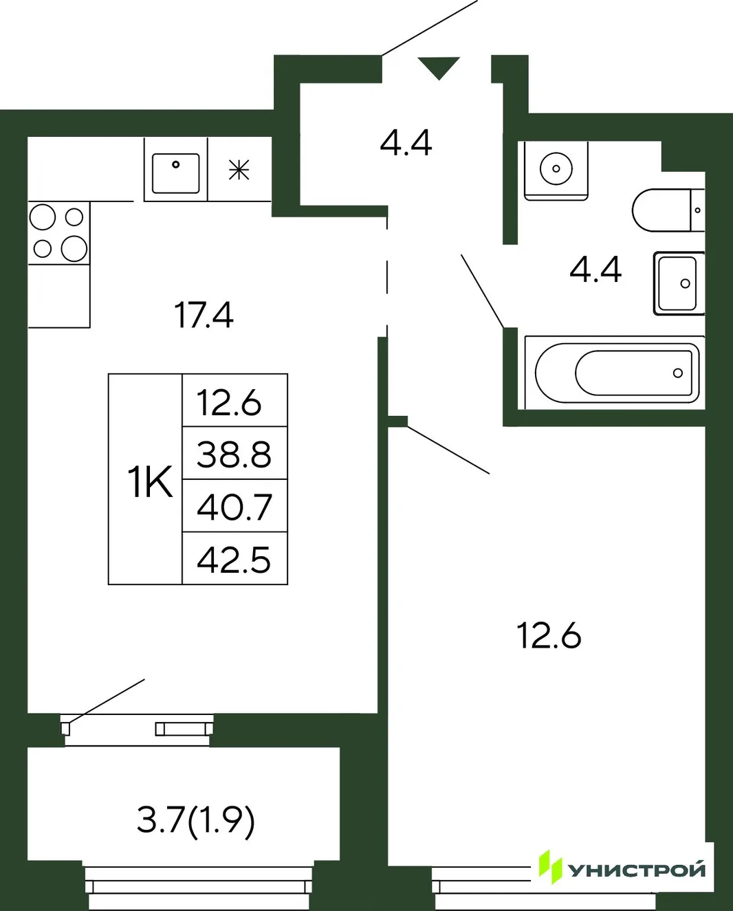 Планировка 1-комн. квартира, 40.7 м² ЖК «Парковый квартал 2.0»