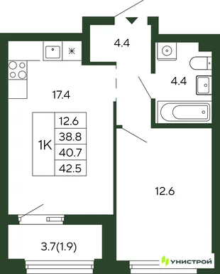Планировка 1-комн. квартира, 40.7 м² ЖК «Парковый квартал 2.0»