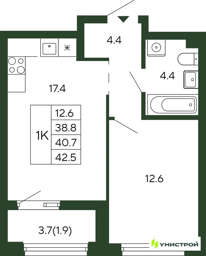 Планировка 1-комн. квартира, 40.7 м² ЖК «Парковый квартал 2.0» Планировка 1-комн. квартира, 40.7 м² ЖК «Парковый квартал 2.0»
