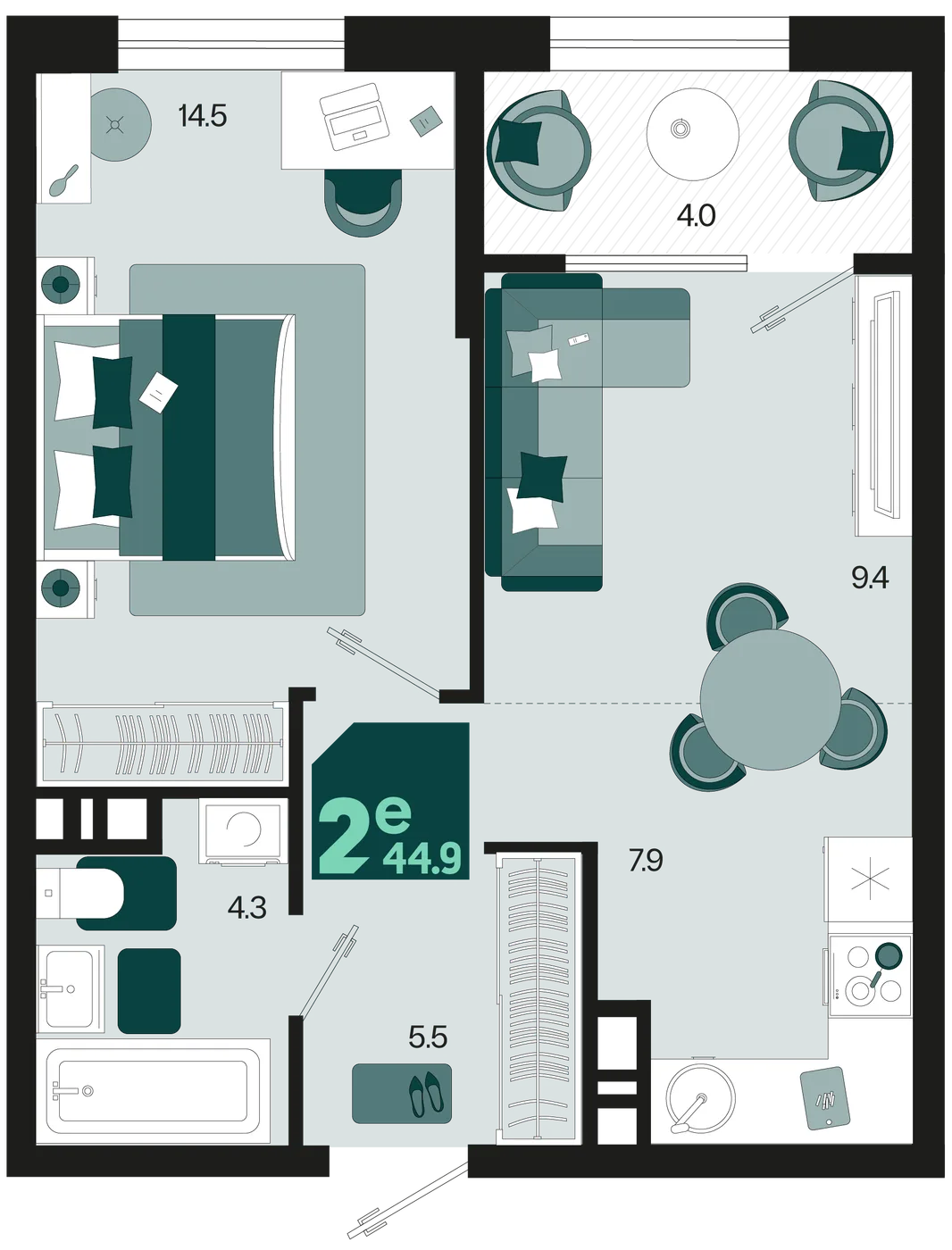 Планировка 2-комн. квартира, 44.9 м² ЖК «Первое место»