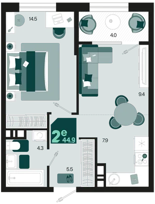 Планировка 2-комн. квартира, 44.9 м² ЖК «Первое место»