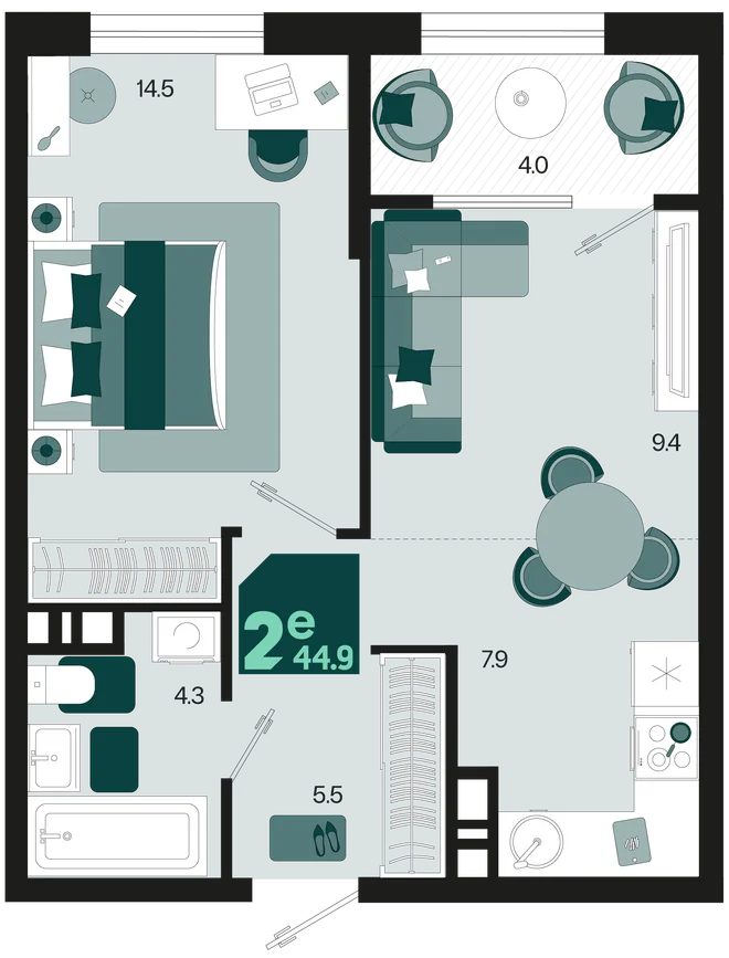 Планировка 2-комн. квартира, 44.9 м² ЖК «Первое место» Планировка 2-комн. квартира, 44.9 м² ЖК «Первое место»