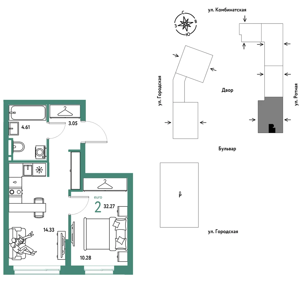 Планировка 2-комн. квартира, 32.27 м² ЖК «Уральский сад»