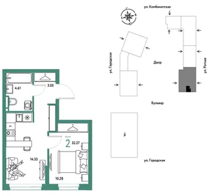 Планировка 2-комн. квартира, 32.27 м² ЖК «Уральский сад»