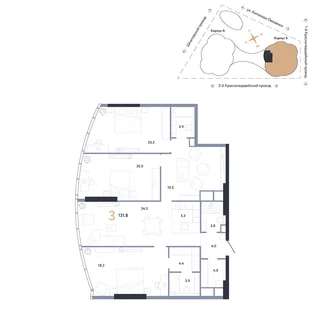 Планировка 3-комн. квартира, 131.8 м² ЖК «АУРУС Резиденции»