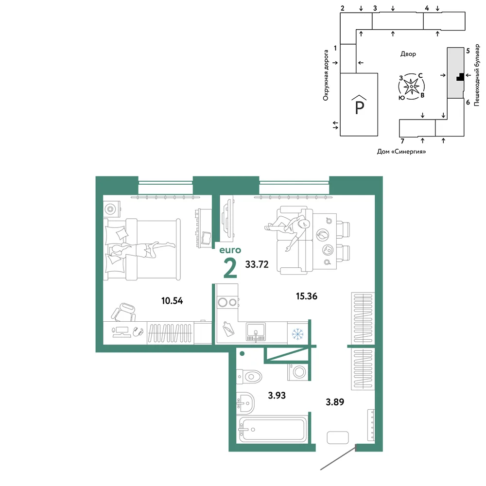 Планировка 2-комн. квартира, 33.72 м² ЖК «Юнион»