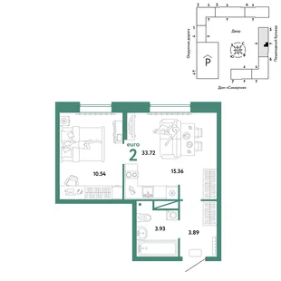 Планировка 2-комн. квартира, 33.72 м² ЖК «Юнион»