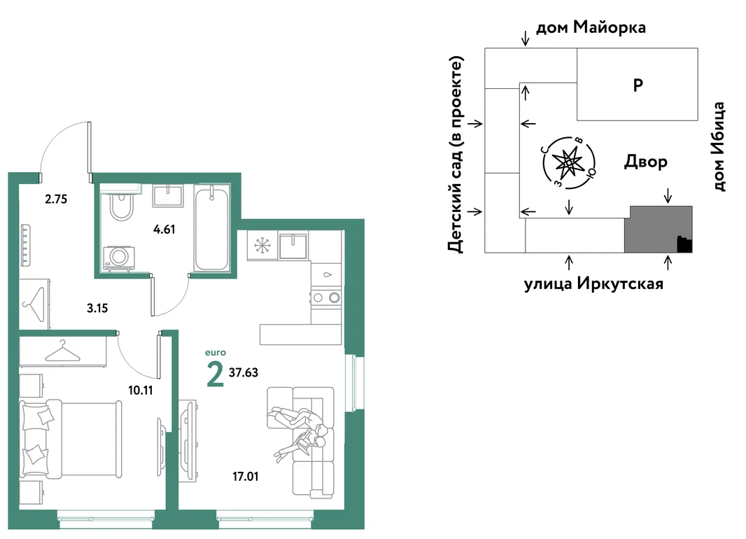 Планировка 2-комн. квартира, 37.63 м² ЖК «Остров-сад»