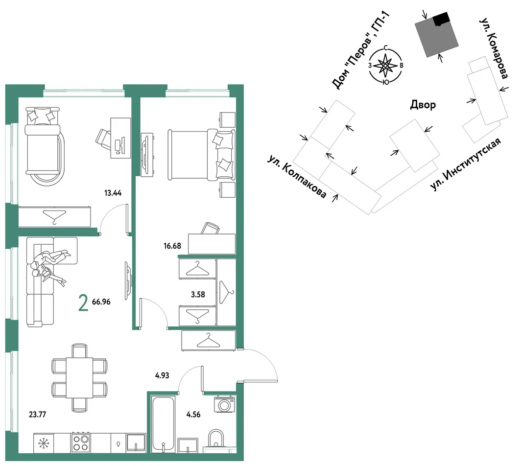 Планировка 2-комн. квартира, 66.96 м² ЖК «Страна.Парковая»