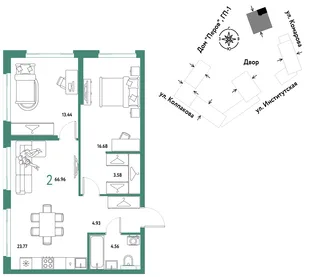 Планировка 2-комн. квартира, 66.96 м² ЖК «Страна.Парковая»