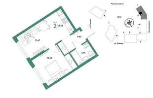 Планировка 2-комн. квартира, 38.53 м² ЖК «Сибирский сад»