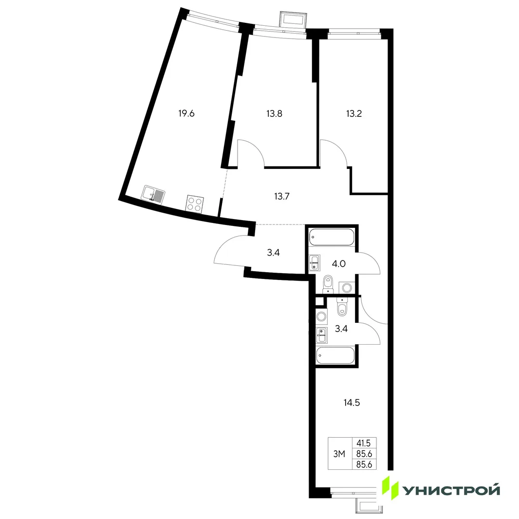 Планировка 3-комн. квартира, 85.6 м² ЖК «Стадиум»