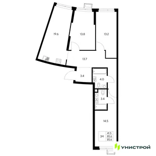 Планировка 3-комн. квартира, 85.6 м² ЖК «Стадиум»