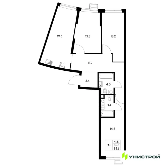 Планировка 3-комн. квартира, 85.6 м² ЖК «Стадиум» Планировка 3-комн. квартира, 85.6 м² ЖК «Стадиум»
