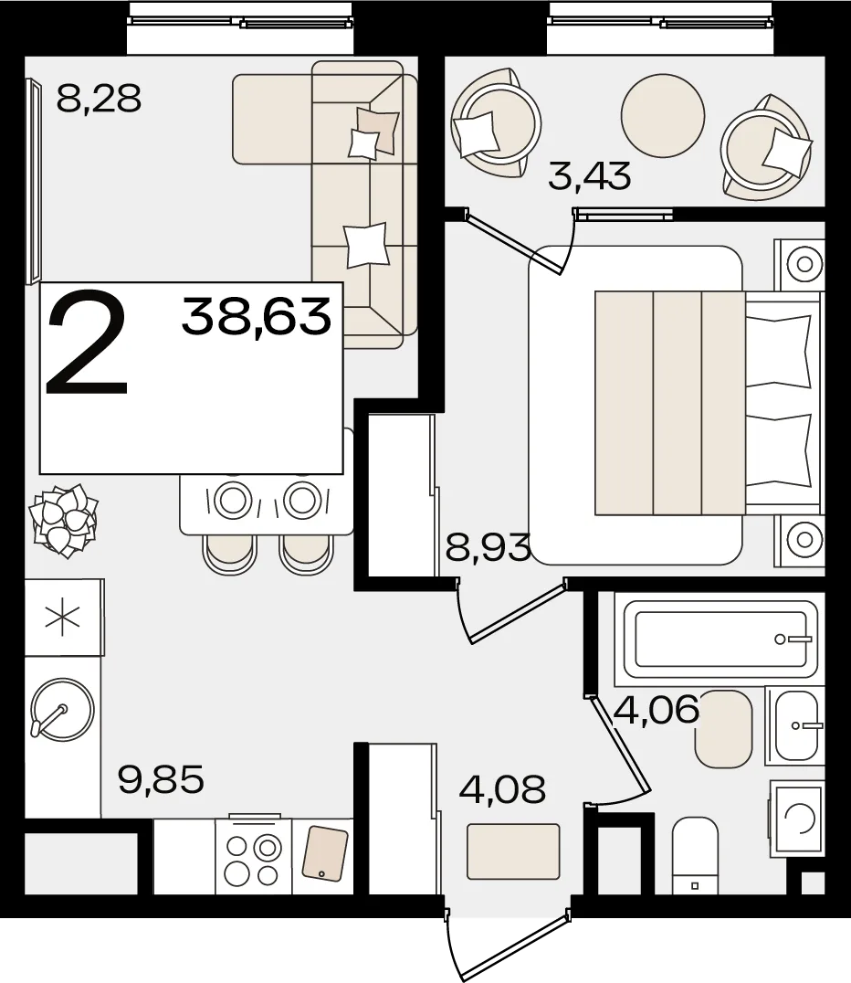 Планировка 2-комн. квартира, 38.63 м² ЖК «Патрики»