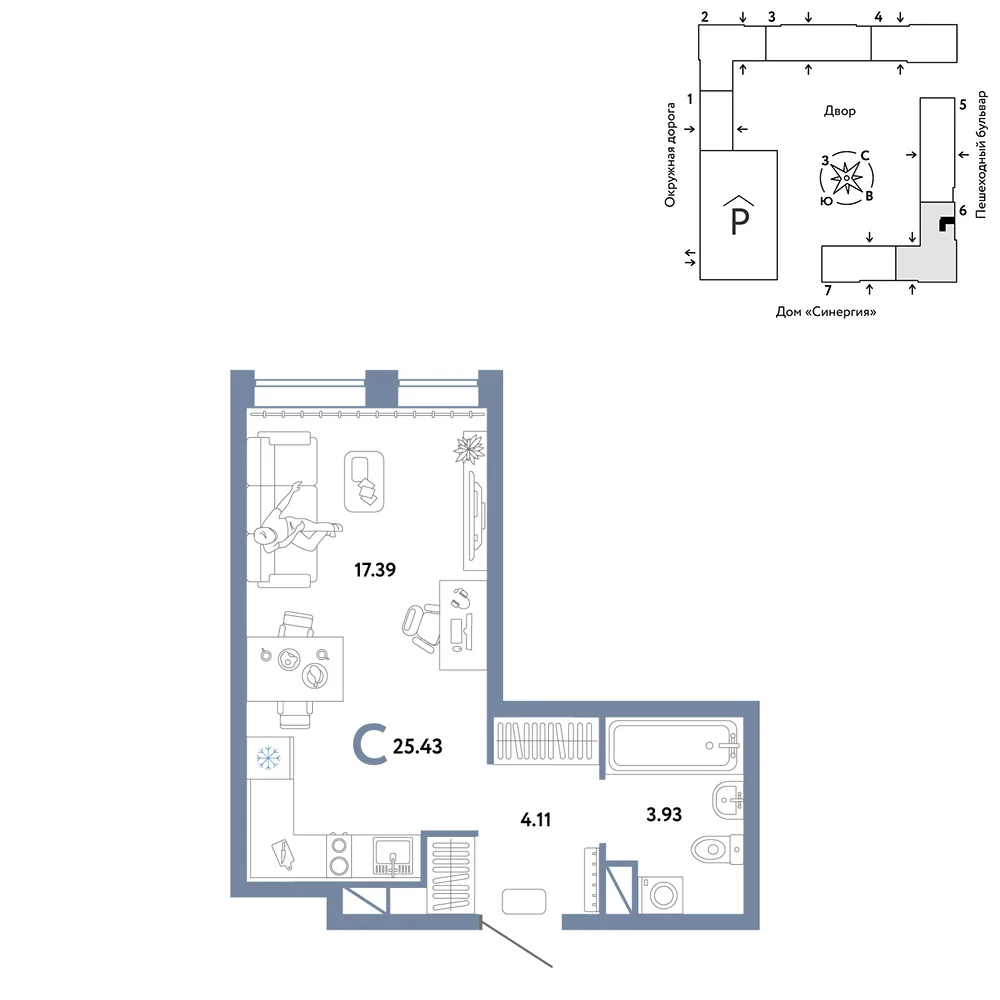 Планировка Студия, 25.43 м² ЖК «Юнион»
