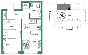 Планировка 2-комн. квартира, 40.72 м² ЖК «Страна.Энтузиастов»