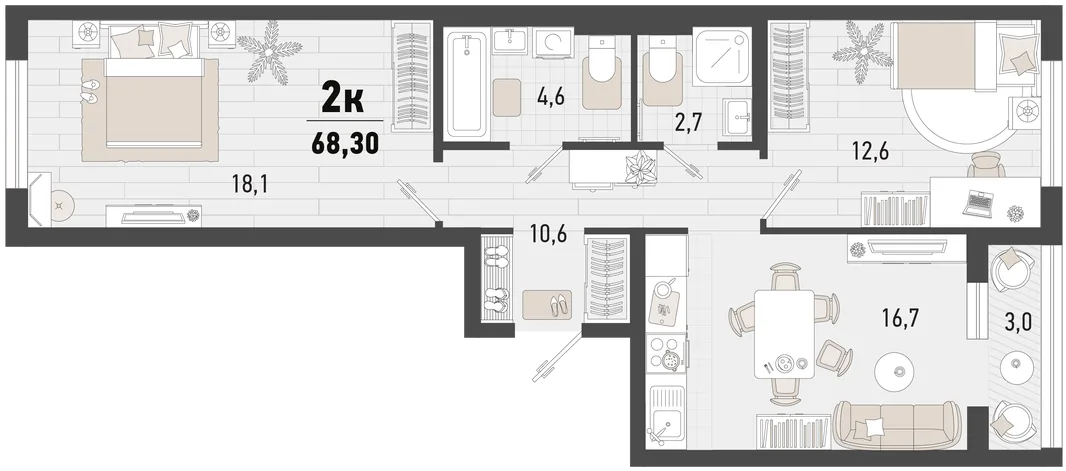 Планировка 2-комн. квартира, 68.3 м² ЖК «Барса»