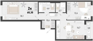 Планировка 2-комн. квартира, 68.3 м² ЖК «Барса»