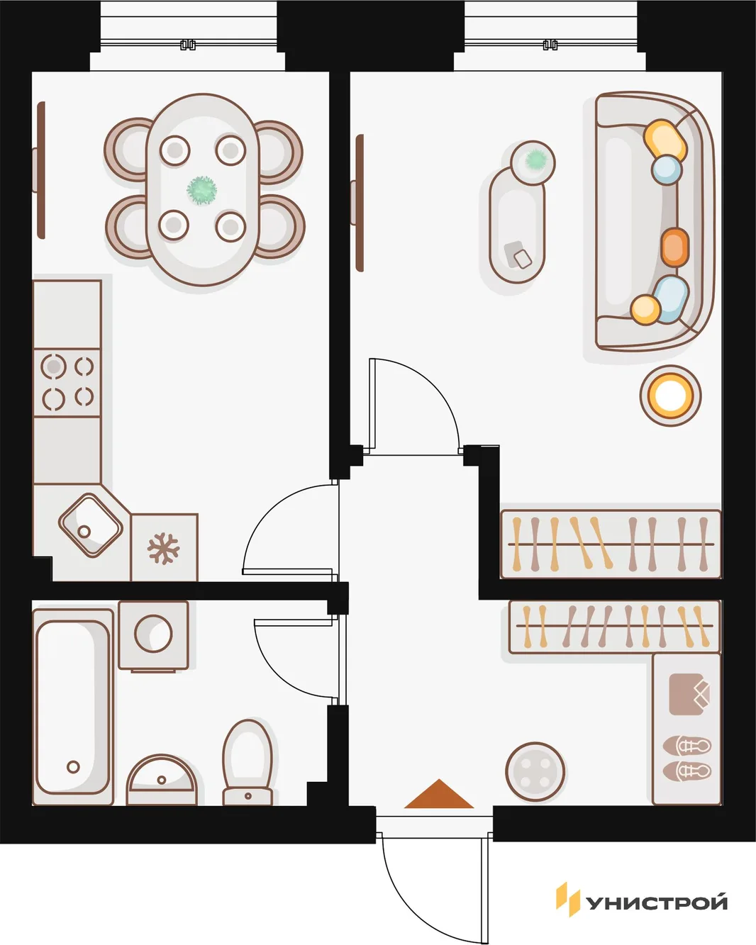 Планировка 1-комн. квартира, 36.22 м² ЖК «Жилой кластер Q на Кулагина»