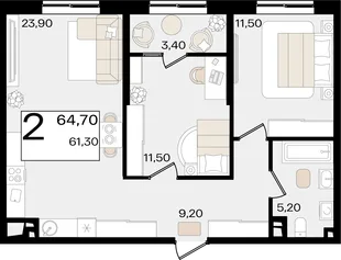 Планировка 2-комн. квартира, 64.7 м² ЖК «Патрики»
