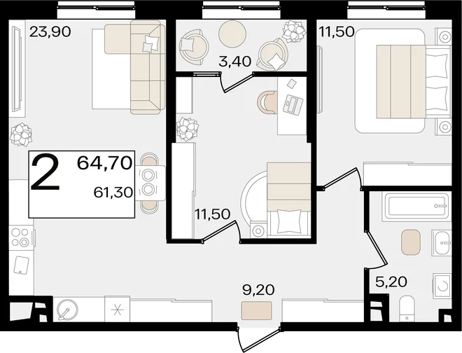 Планировка 2-комн. квартира, 64.7 м² ЖК «Патрики» Планировка 2-комн. квартира, 64.7 м² ЖК «Патрики»