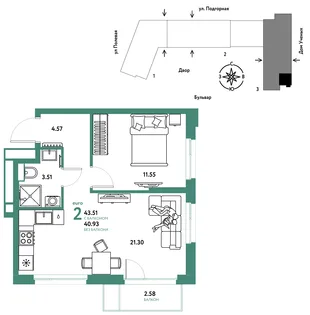 Планировка 2-комн. квартира, 43.58 м² ЖК «Авторский»