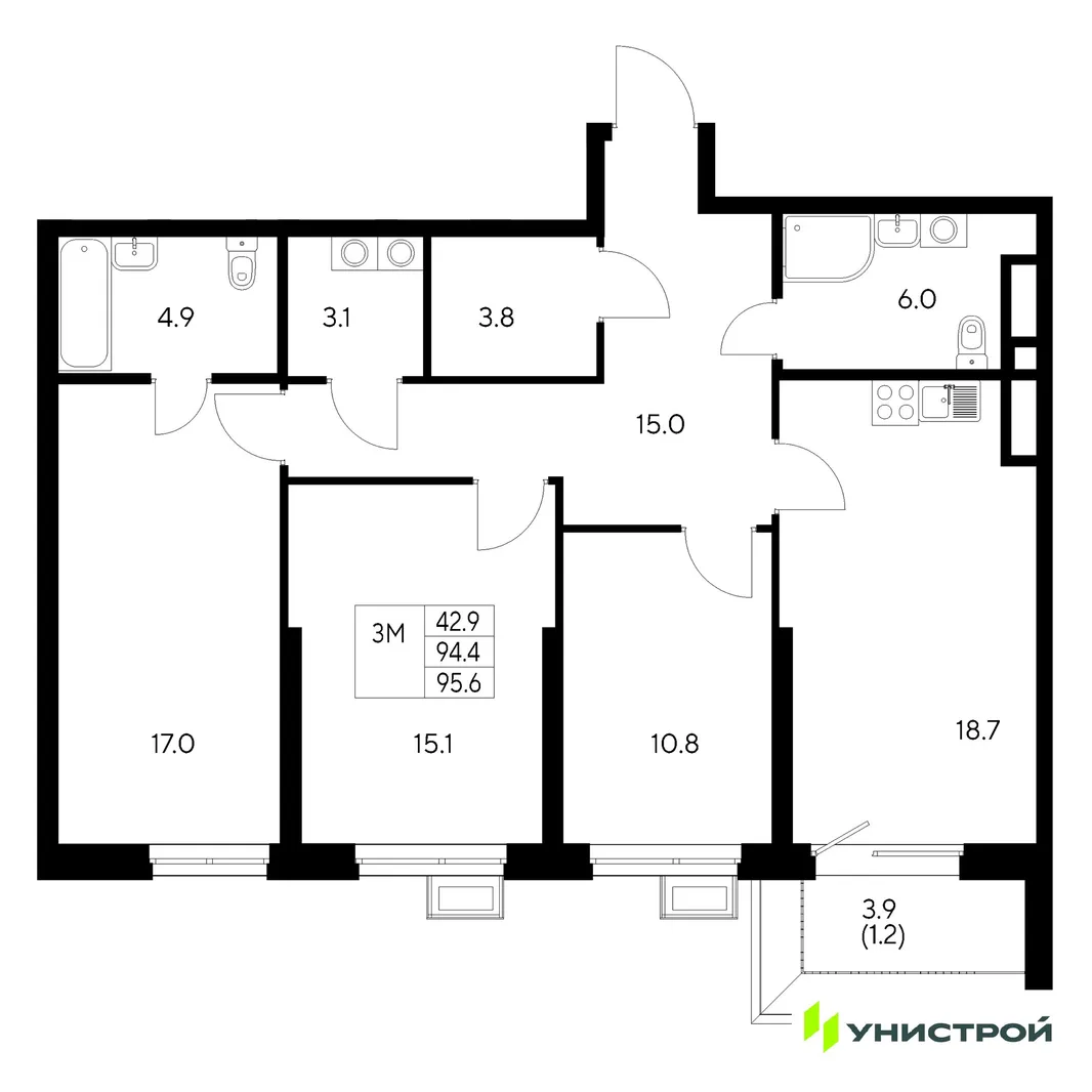 Планировка 3-комн. квартира, 95.6 м² ЖК «Стадиум»