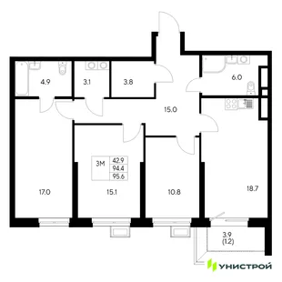 Планировка 3-комн. квартира, 95.6 м² ЖК «Стадиум»