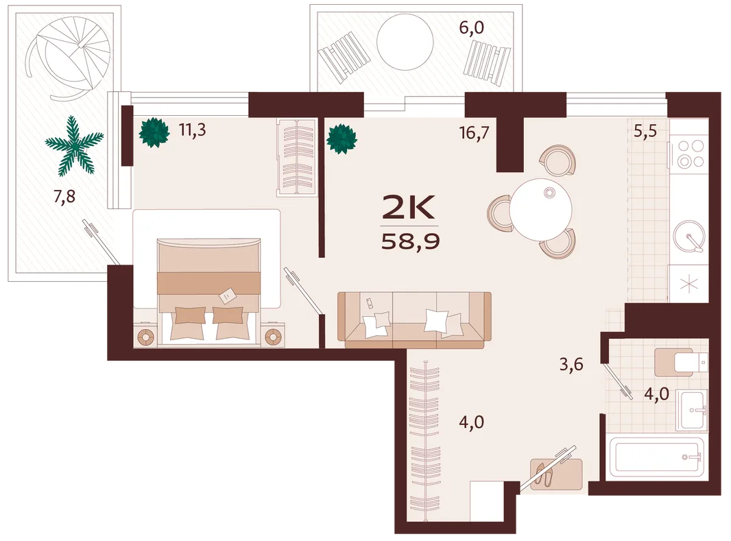 Планировка 2-комн. квартира, 58.9 м² ЖК «Роялта»