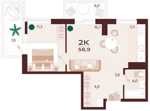 Планировка 2-комн. квартира, 58.9 м² ЖК «Роялта»