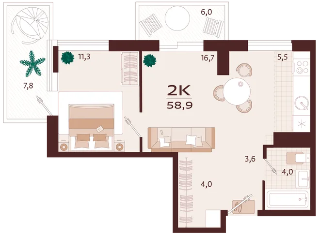 Планировка 2-комн. квартира, 58.9 м² ЖК «Роялта» Планировка 2-комн. квартира, 58.9 м² ЖК «Роялта»