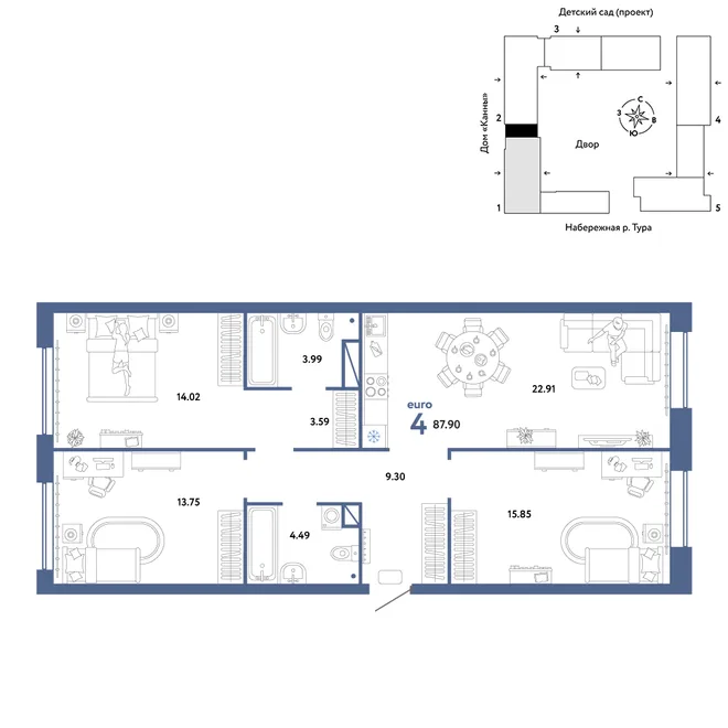 Планировка 4-комн. квартира, 87.9 м² ЖК «Европейский берег 2.0»